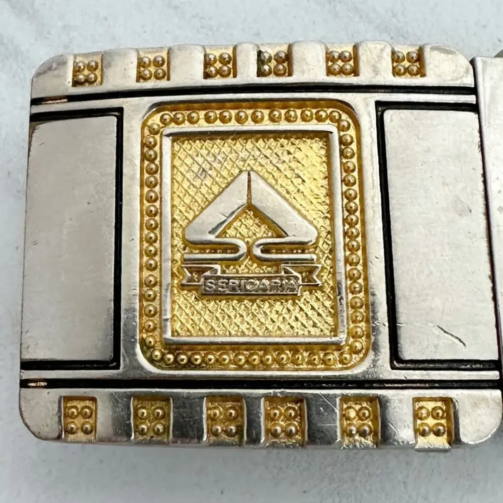 Sericaria Reversible Clamp On Belt Buckle Gold Tone Bead Dot Border Logo ✨